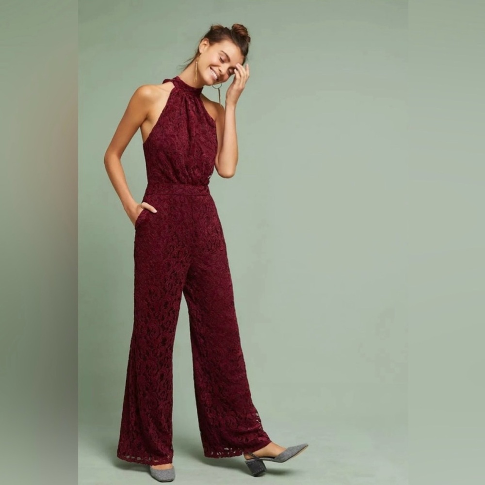 NWT! Anthropologie ett:twa Red Wine/Bordo Lace, Tie Halter, Wide-Leg Jumpsuit
